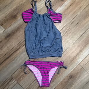 Gray and Pink Striped Swimsuit Set
